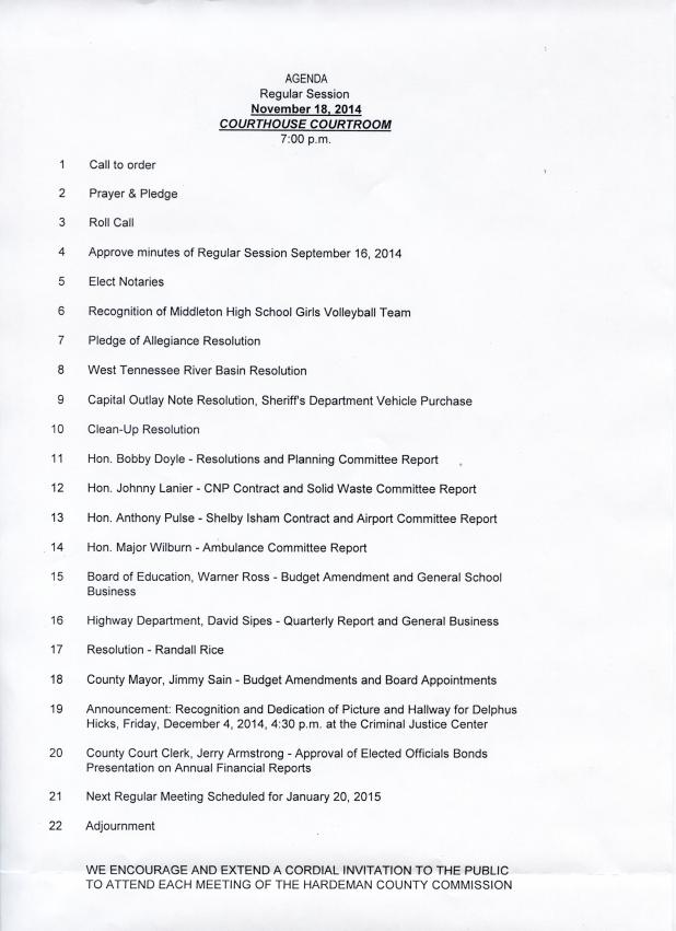 The agenda for the Hardeman County Commission meeting is filled with many items, several resolutions, and reports. Article Image Alt Text