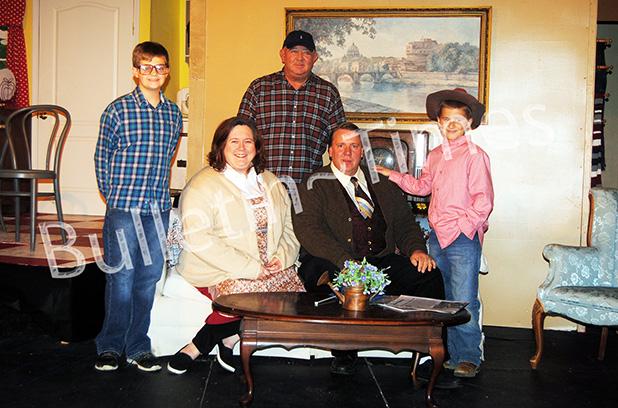 The Parker family from “A Christmas Story” (l-r) Campbell Emerson (Ralphie), Kathy Weaver (mother) Anthony Pulse (adult Ralph), Chris Ramage (The Old Man), Caleb Sowder (Randy)