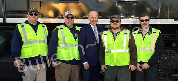 Middleton native meets Biden Vice President Joe Biden recently visited the Norfolk Southern Railway yard in Rossville. He is shown here with railway employees (l-r) Brandon Cofer, Stephen Perkins, Curt Reeder, and Middleton native, Rodney McAlpin. “Meeting him was an interesting experience,” said McAlpin. Photo courtesy Rodney McAlpin
