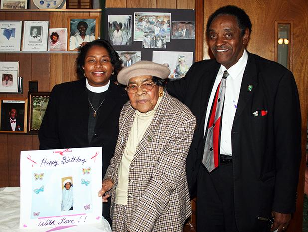 Hood celebrates 94th birthday Pictured (l-r) Pastor, Rev. Jellory S. Stokes from Memphis; honoree, Nonie M. Hood (94 years old); and husband of the pastor, retired preacher, Rev. John Stokes