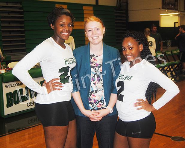 Bolivar Seniors Ashala Edwards and Niketria Robinson were honored by their teammates before their win over Alcorn Central High School on Tuesday, September 29. Photo (l-r): Ashala Edwards, Assistant Coach Hannah Graves, and Niketria Robinson. 