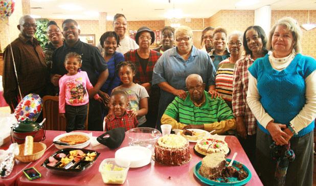 Birthday celebration for 97 years Pictured (l-r): Rev. Nathan R. Gibbs, Kimberley Bowden, Orlantis Mullins, Jakylee Coble (child), Kqura Bowden, Austin Bowden (child), Jordyn McClellan (child), Terri Bowden, Evangelist Jeanette Jones, Dawn Hill, Peggy H. Gibbs, Mr. Hoover Bowden (honoree), Mary Etta Robinson, Tameria Bowling, Eula Blake, Alma Bowden and Emogene Bowden (not pictured was Clara Wallace, the photographer)