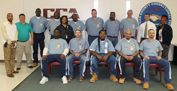 Pictured bottom row (l-r) B. Cherry, M. Goolsby, D. Wells, F. Bernal, and A. Lefevers. Back row (l-r) ATU Counselor Gibson, ATU Counselor Dyer, inmate C. Gordon, B. Richardson, ATU Counselor Newborn, inmates C. Dixon, G. Bovard, E. Beasley, A. Phillips, ATU Manager Corman and ATU Counselor Polk.