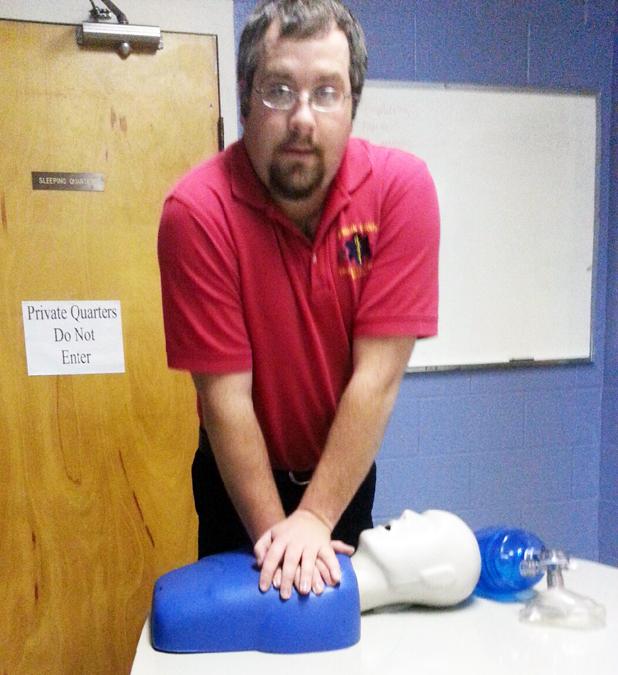 Bradley Peterson, Paramedic Shift Supervisor, is a certified Cardiopulmonary Resuscitation instructor. He’s shown demonstrating the proper chest compression technique to be used when performing CPR.