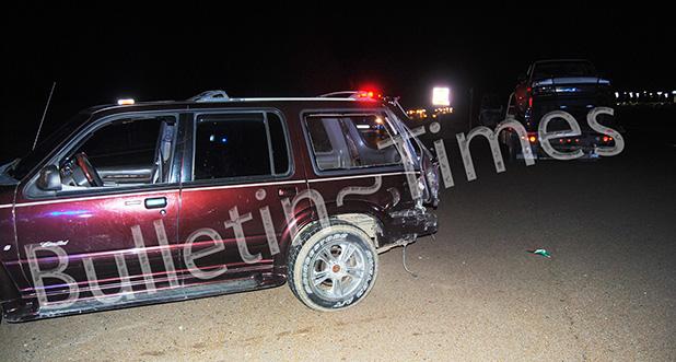 No injuries in New Year's eve accident Workers prepare to place a 2000, Ford Explorer with damage to the drivers side rear on to a tow truck after an accident with a 2002 Chevrolet pickup at about 6 p.m. New Year's eve at the corner of Hwy. 64 and Vildo Rd. The other vehicle can be seen in the background on another tow truck.