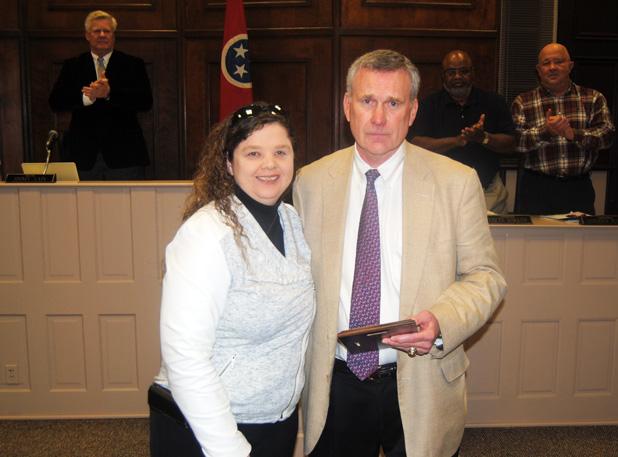 Judge Charles ‘Chip’ Cary was named 2015 Bulletin-Times Hardeman County Person of the Year. Pictured (l-r) Amelia Monroe Carlson, with The Bolivar Bulletin-Times presents Charles ‘Chip’ Cary with a plaque for Person of the Year. 