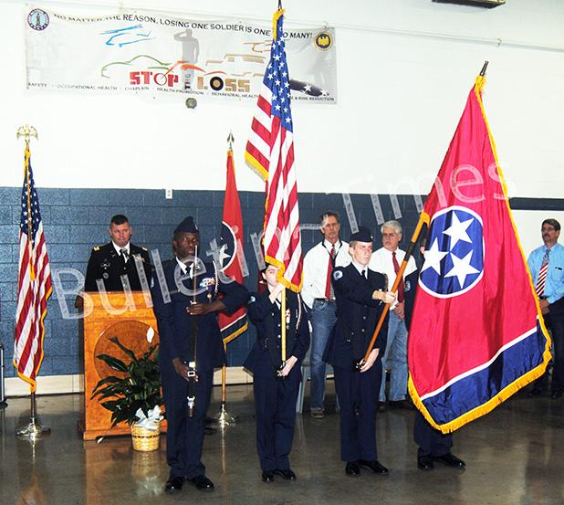 The Liberty High School ROTC Color Guard presents the Colors