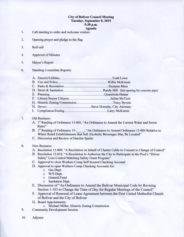 The agenda for Tuesday night's Bolivar City Council Meeting includes discussion regarding liquor stores as well as changing of city council meeting times Article Image Alt Text