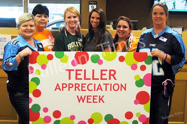 First South Bank celebrates Teller Appreciation Week Tellers at the Bolivar First South Bank Bolivar during casual Friday (l-r) Marcy Wilbanks, Tammy Taylor, Crystal Grantham, Brooke Graves, Robin Long, and Jennifer Burnette.