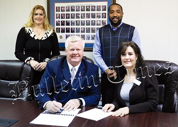 Mayor Sain, Mayor McTizic, and Chairperson Garrison with the West Tennessee Regional Coordinator of Public Affairs for the Tennessee Department of Agriculture, Colleen Coury.