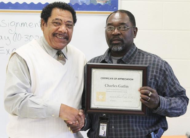 Hardeman County Youth Services Officer (YSO) Charles Gatlin spoke to the Hardeman County Learning Center students about the consequences of their choices on Monday, November 3. Gatlin was presented a certificate of appreciation by Director Thomas E. Polk for his work with children. Pictured (l-r) Thomas E. Polk and Charles Gatlin.