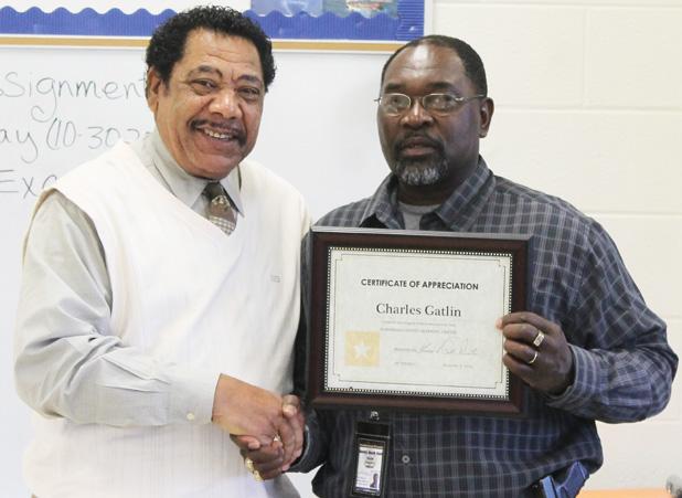 Gatlin warns teens about behavior Hardeman County Youth Services Officer (YSO) Charles Gatlin spoke to the Hardeman County Learning Center students about the consequences of their choices on Monday, November 3. Gatlin was presented a certificate of appreciation by Director Thomas E. Polk for his work with children. Pictured (l-r) Thomas E. Polk and Charles Gatlin.