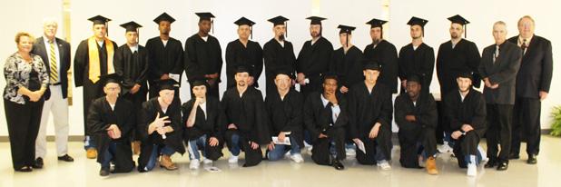 Hardeman County Correctional Facility graduated 29 inmates who received their GED. The graduates of the class are pictured above with HCCF Warden Michael Donahue, instructors and administrators of the education department at HCCF.