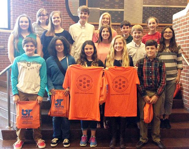 UT Martin hosts Middle School Math competition Pictured front row (l-r): Jon Dwyer, Nee Nee Lyons, Lizzie Rhea, Austin Abernathy. Second row: Kara Cossar, Matthew Walker, Kaci Gilliom. Third row: Lauren Alexander, Casey Melton, Dunstan Ashe, Jake Cocke, Carolyn Rinks, Matthew Boozer, and Isabelle Johnson