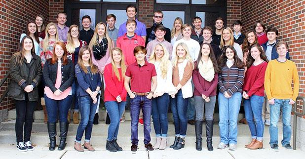 Students who scored 30 and above on ACT Subject Content pictured front row:  Elinor Westbrook, Grace Burns, Katie Crenshaw, Taylor Bennett, Jonathan Dwyer, Abby Hilliard, Tess Hilliard, Cynthia Boyer, Madison Morris, Elle Scarbrough and Tyler Earnest. Second row:  Callie Grey, Melissa Rinks, Jessica Celmer, Logan Nichols, Caleb Weatherly, Joshua Dwyer, Nic Thornton, Averi Davis, Anna-Laura Currey and Gabriel Threet. Third row: Madison Day, Jay Earnest, Sam Howell, Will Urban, Keith Powell, Scott Morris, Cor
