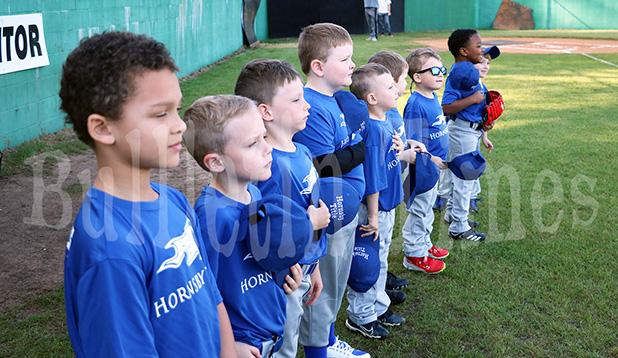 The Hornsby Title 6U squad lines up prior to their opening season game, a 10-9 loss the Centennial Bank.