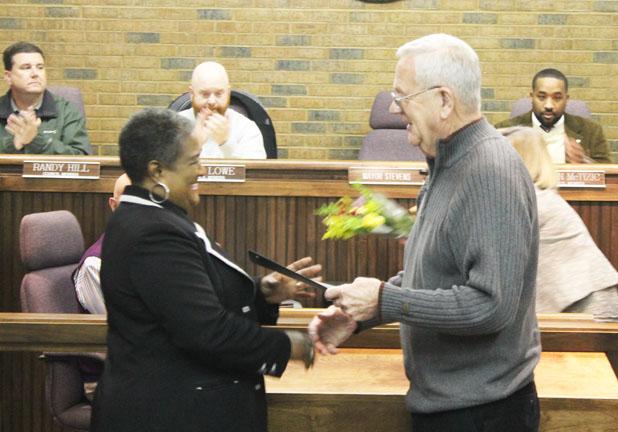 Fields recognized for service Bolivar City Mayor Barrett Stevens (right) presents DCS employee Lou Fields with a proclamation of appreciation for her work in helping abused and neglected children.
