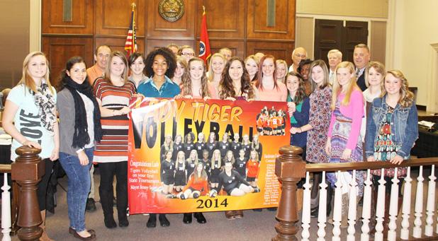 Commissioners honor Middleton Lady Tigers The Middleton Lady Tigers Volleyball team was honored by County Mayor Jimmy Sain and the county commissioners for the achievement in making county and school history when they were the first volleyball team to capture the district title and play in the state tournament.