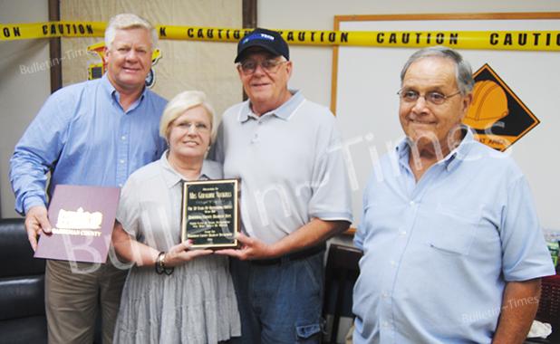 Hardeman County Mayor Jimmy Sain, Geraldine Nuckolls, Sammy Nuckolls, Hardeman County Highway Department Superintendent David Sipes are pictured after Nuckolls was recognized for 30 years of service.