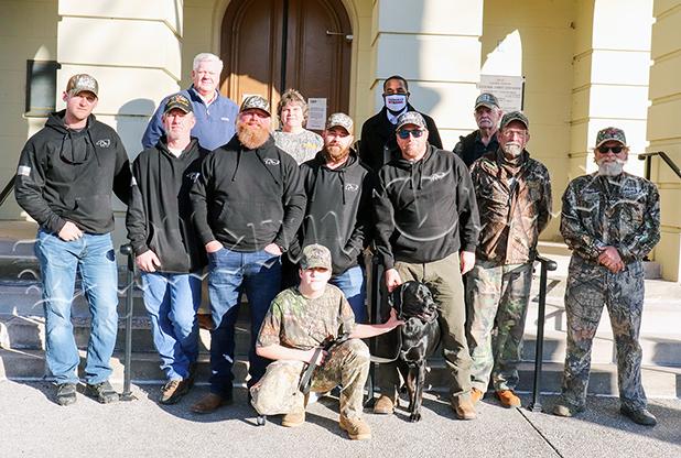 Photo: Hardeman County Mayor Jimmy Sain, Toone Mayor Jackie Kelley, Bolivar Mayor Julian McTizic, Larry Leathers, James Howell, Emma McAthur, Hoot and Diesel join the group from Fort Bragg. Photo by Sarah Rice.