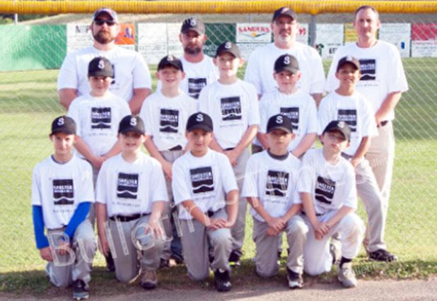 Two Teams Clinch League Titles Shelter Insurance front row left to right: Hudson Jackson, Chase Vaughn, Caleb Sowder, Garrett Thompson, Trevor Sweat. Second row: Braden Trotter, Matthew Edwards, Hunter Wilson, Owen Boyd, Jayden Kessler. Back row coaches: Jason Wilson, Charlie Thompson, Matthew Edwards, and Jody Jackson.