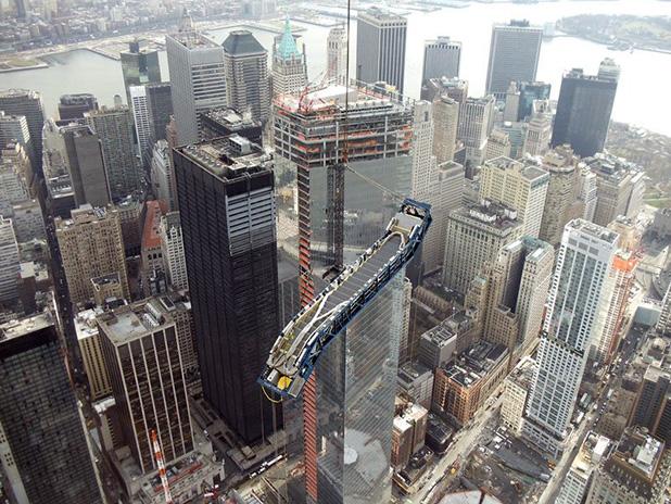 To NYC with hope and love Escalators and elevators manufactured at Middleton’s ThyssenKrupp Elevators were installed in One World Trade Center in New York City. Pictured is an escalator being installed as crews on the ground and inside the tower hoist the escalator up to the tower, where workers are standing by to pull it in.