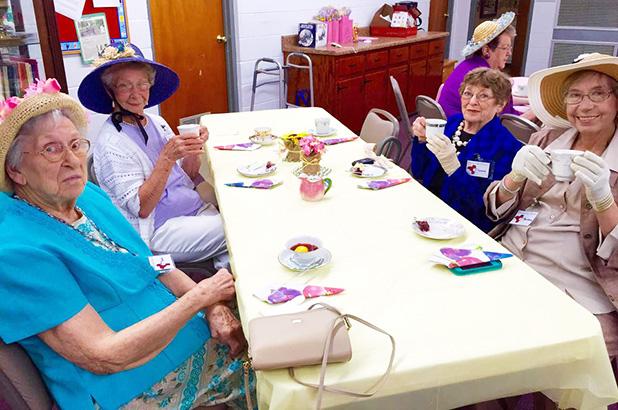 The women of Middleton United Methodist Church hosted a Spring Tea. Women from Reaves Memorial and Powells Chapel United Methodist Churches were invited. Twenty-five attendees enjoyed fellowship, fun, finger sandwiches and, of course, tea. Enjoying tea and conversation are (clockwise from front left) Marie Seever, Vera Henderson, Connie Dusek, and Barbara Houck.