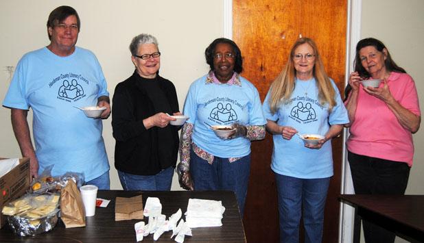 Literacy Council holds chili luncheon Pictured (l-r) Larry Lowrance (Vice President), Louise Manhein (board member), Hugholene Robertson (board member), Annette Lowrance (Secretary), Betty Jordan (Treasurer).