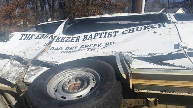 One charged after church van accident Thirteen passengers were on the church van on Sunday morning, heading to church at Ebeneezer Baptist Church, when a Chevrolet pickup truck hit the van and caused it to flip over and hit a pole.