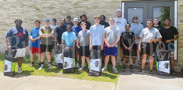 Local coaches and former players, including Bolivar Central standout and Southern Miss lineman Briason Mays hosted a football camp for players 5th grade and up on May 14. Photo courtesy of Brian Mays.