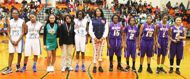 Girls all Tournament Team Awards went to Errion Bells, Fayette East (not pictured); Hailey Hardaway, Bolivar; Kemya Allen, Bolivar; Jamcia Sangster, Whiteville; Justice Robertson, Whiteville; Phakaria Sharp, Whiteville; Jakirya Jones, Fayette West; Khaila Richardson, Fayette West; Kamyia Ransom, Fayette West; and Shaniah Tate, Fayette West. Tournament MVP was Jayla Cole, Fayette West, and Coach of the Year was Kathleen Croley.