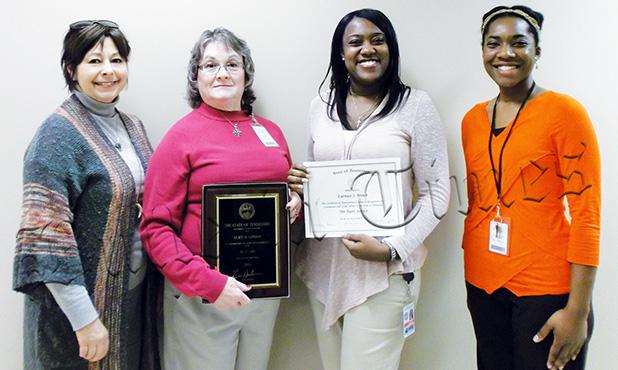 The Hardeman County Health Department awarded two employees for their faithful service. Photo: Marilyn Barnes (left), West Tennessee Regional Director and Veronica Calvin (right), Interim County Director, were on hand to recognize Dianne Gipson (middle left), WIC/Nutrition Educator for 30 years of service and Latreace Brown (middle right), Public Health Nurse Assistant 2 for 10 years of service.