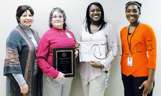 Health Dept. Celebrates Service The Hardeman County Health Department awarded two employees for their faithful service. Photo: Marilyn Barnes (left), West Tennessee Regional Director and Veronica Calvin (right), Interim County Director, were on hand to recognize Dianne Gipson (middle left), WIC/Nutrition Educator for 30 years of service and Latreace Brown (middle right), Public Health Nurse Assistant 2 for 10 years of service.