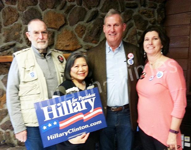 Meryl Rice of Bolivar (foreground) is shown with Arkansas Travelers (l-r, rear) Jim Miles, John Burkhalter, and Marci Riggs. Rice, along with her husband, Randall, helped organize the local portion of the Travelers’ visit as they campaigned for Hillary Clinton. 