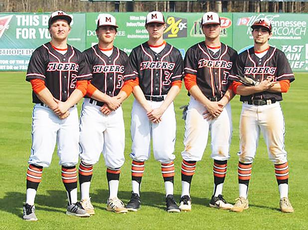 Tiger Baseball Making Progress Mills has coached the group of seniors he has since they were in seventh grade. Left to right: Clay Dixon, Cameron Jackson, Tyler Bizzell, Hunter Dickey, and Billy Caicedo. Photo by Karlie Mills.