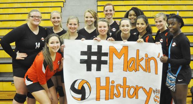 The unparalleled success of the M.H.S. Volleyball Team and last week's victory are not only monumental, but history in the making. The Lady Tigers are making both MHS history, as well as Hardeman County history, as this is the first time for a volleyball team to make it beyond the district level. Pictured front row (l-r): Sydney Russell, Morgan Mills, Kayleigh Lanier, Megan Leslie, Carmen Manzano, Haley Maccarino and Talandra Sain.  Back row (l-r): Ashleigh Agee, Jazmine Cosby, Polly Dowty, Christian Woods 