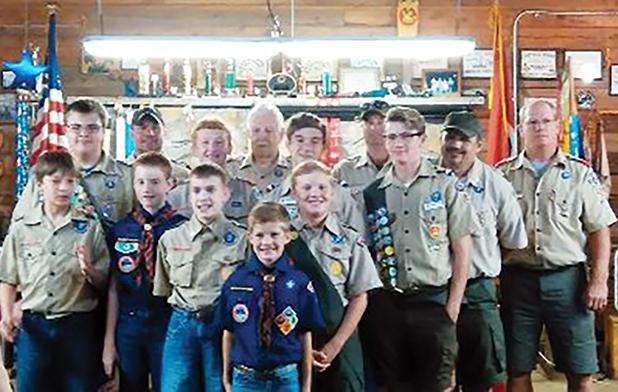 Middleton Scouts Hand Out Awards Back row l-r: Des Brady, Durward Baxter,Clay Joyner, John Turner, Curtis McPherson. Row 2 l to r: Jacob Lumpkins, Caelan McPherson, Landan Rainey, Luke Turner. 3rd row lto r: Trey Joyner, Will Durham, Keenan Leeper, Jonah Brady. Front: Jude Brady