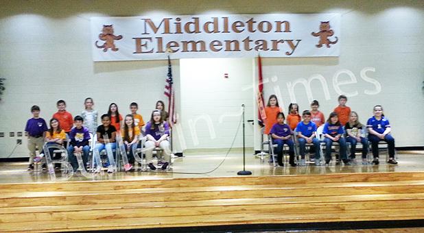 The twenty participants in the Middleton Elementary School Third Grade Spelling Bee are shown as they assembled for the competition which was held on Thursday March 10 in the school’s gym. 