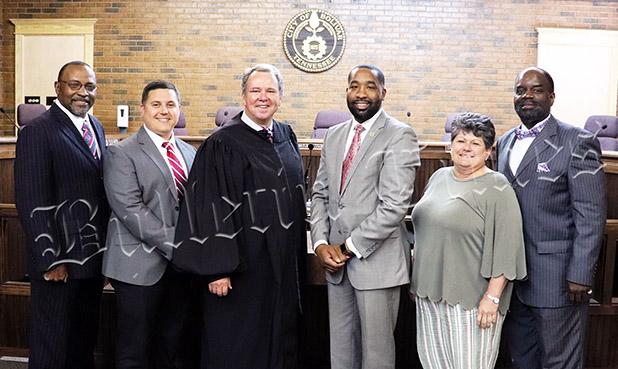 From left to right: Tommie Woods defeated incumbent Jonathan Joy, Dylan Hill defeated Joyce McKinnie Woods, Denton, Mayor Julian McTizic, incumbent Suzanne Rhea, and incumbent Melvin Golden.