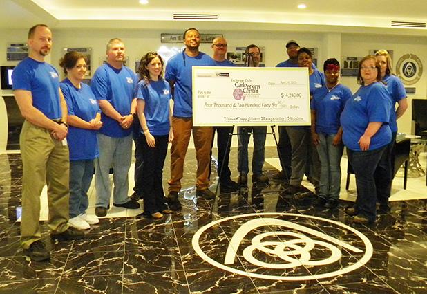 Thyssen krupp buys Carl Perkins t-shirts Thyssen Krupp employees bought more Carl Perkins charitable t-shirts than any other entire county as a whole. Left to right are “Team leaders” Pat Gin, Kim Wood, Kirby Fahs, Will Butler, Annie Gunn, Ronnie Davis, Robert Weaver, Ken Johnson, Fred Perry, Crystal Turner, Tori Smith, Theresa Bishop, Ashley Brown.