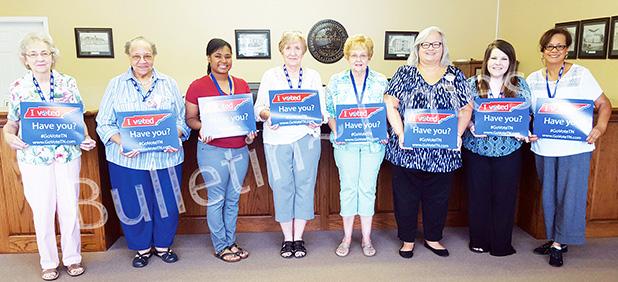 Election Officials and workers get into the spirit with signs that say, “I voted, Have You?” Left to right are: Annette Russell, Sally Robinson, Ashtron Joy, Pam Howell, Linda Crowley, Hardeman County Adminstrator of Elections Amber Moore, Deputy Paige Vales, and Bobbie Walls. They Voted. You Still Have Time