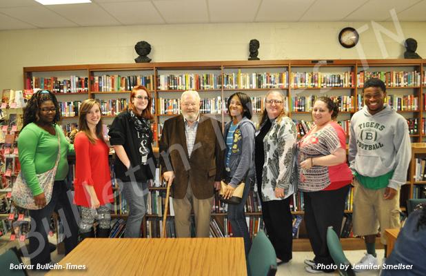 Members of the BCHS Book Club pose with Clark Blatteis, who spoke about his voyage on the St. Louis. Pictured (l-r): Charity Jones, Brianna Moore, Katrina Tull, Clark Blatteis, Adasia Jones, English teacher Terri Tims, United States history teacher Jessica Kennedy and Trezon Peoples.