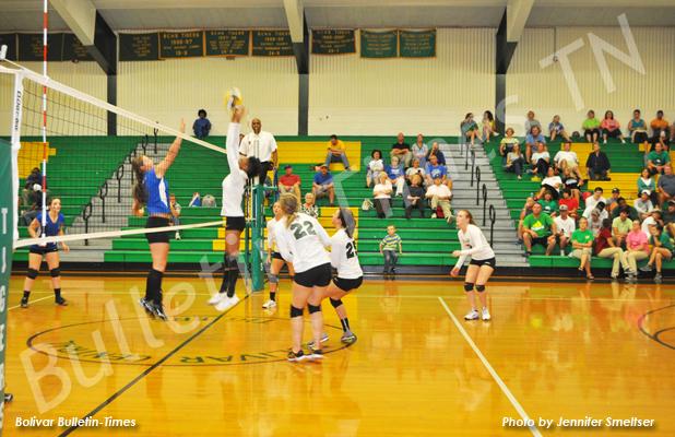 BCHS Lady Tiger Kyrayla Hunt (right) goes up for the block against Chester County Eagle Madison McCaskill (left).