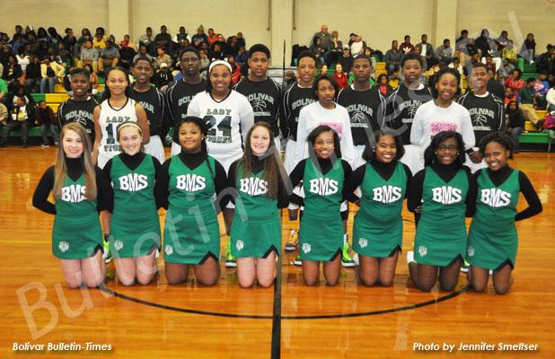 BMS recognized its eighth grade cheerleaders and basketball players. Pictured front row (l-r): Co-captain Amanda Kennedy, Captain Emma Cody, Kierra McNeal, Mia Dellinger, Bryantdashia Woods, Captain Jamaya Burkley, Shantoya Spinks and Ciara Wooden. Back row (l-r): Rokevis Lewis, cheer Co-captain Kemya Allen, Antonio “DJ” Smith, Vantez Sain, Cateasha Beasley, Jarvis “JJ” Beasley, Kentavious “Duke” Berry, Hailey Hardaway, Jarion Lewis, Ra’Mond Joy, Anniah Matthews and Brandon Neely.