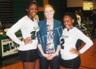 Bolivar Seniors Ashala Edwards and Niketria Robinson were honored by their teammates before their win over Alcorn Central High School on Tuesday, September 29. Photo (l-r): Ashala Edwards, Assistant Coach Hannah Graves, and Niketria Robinson. 