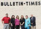 Current Bulletin-Times staff and writers consists of (l-r) Josh Carter (advertising), Amelia Carlson (news reporter/editorial assistant), Janice Davis (layout and design), Cristie Maness (graphics and website), Shasity Mynatt (Acct./Circulation) and Bill Stone (news reporter). Not pictured are Jennifer Smeltser, Lauren Cupples and Stephanie Bodiford. 