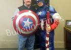 Allen Mullins, AKA Captain America, visits with Hardeman County Mayor Jimmy Sain during his stopover in Bolivar last week on his way to Chattanooga, from Seattle Wash., to hep raise money for veterans. 