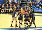 The Lady Tigers celebrate an ace during the match with South Greene. Photo by Holli Teubner. 