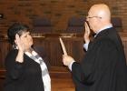 Suzanne Rhea (left) was sworn in by city attorney Steve Hornsby on Friday, April 30, to complete her husband, David’s, term in office as a Bolivar city councilman