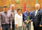 Ross with parents Jim and Vicky Mitchell, brother Clay and Hardeman County Mayor Jimmy Sain. Brother Clay is the #7 ranked rodeo cowboy in Canada.  Photo by Ginger Tester. 